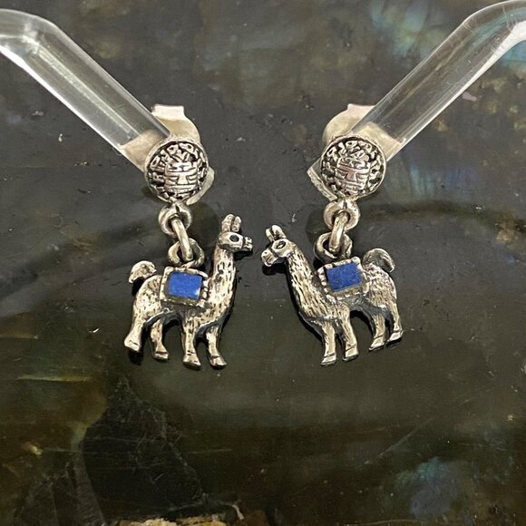 Sterling Silver 925 Southwest Style Llama Alpaca Lapis Dangle Drop Earrings - Picture 8 of 16